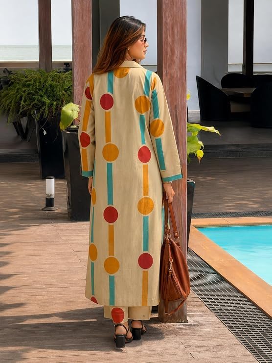 Image of ANNI Designer Cotton Blend Printed Straight Kurta with Pant for Women | Cotton Blend Beige | Full Sleeve | Shirt Collar | Ethnic Wear Casual Wear