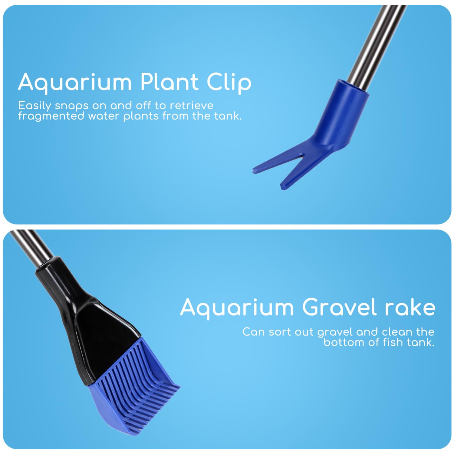 Nobleza Aquarium Cleaners, zestaw 5 w 1 z wysuwanym środkiem do czyszczenia akwarium – siatka na ryby, skrobak do glonów, grabki do żwiru, widełki do roślin, gąbka