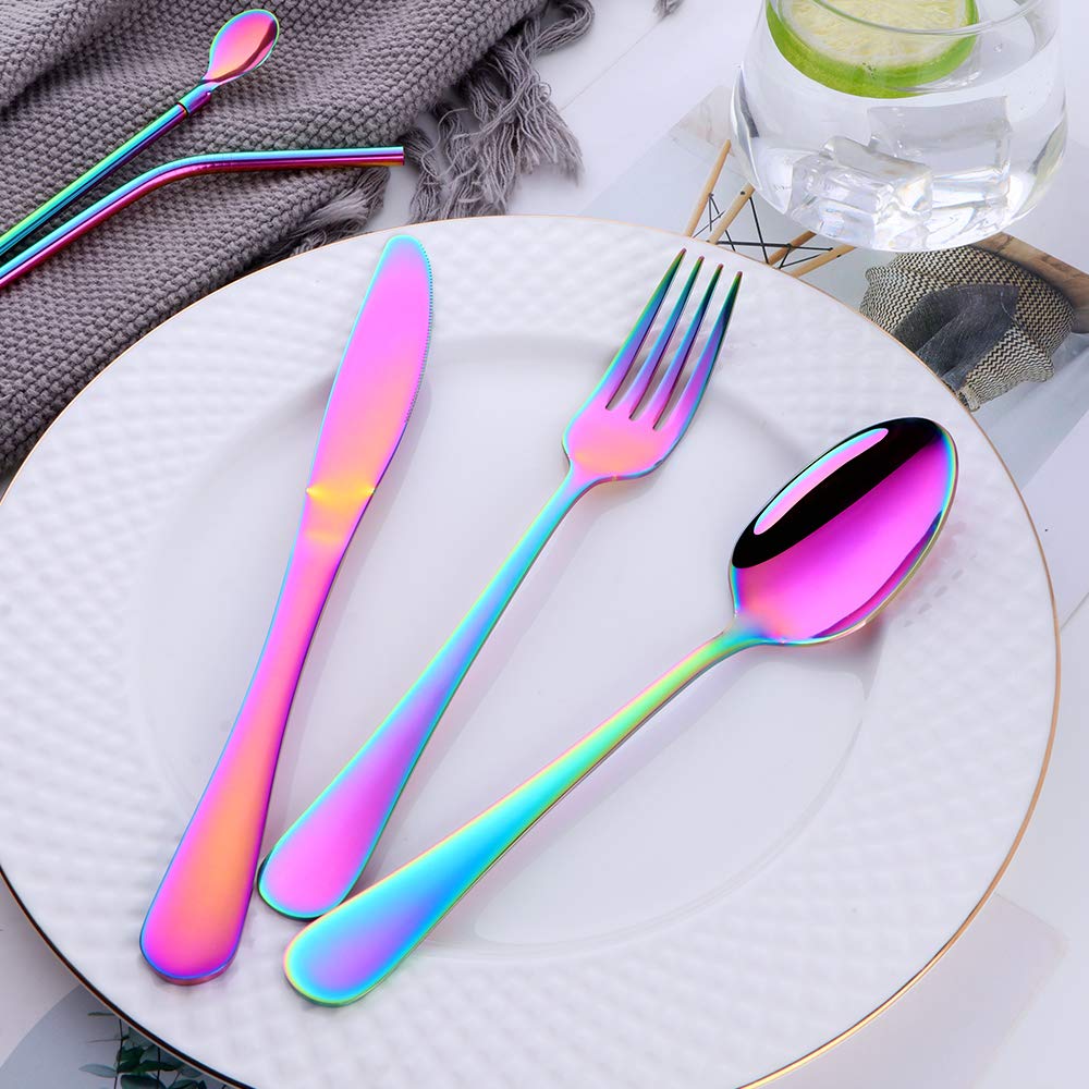 Buyer Star Rainbow Camping Flatware Silverware Set, 8-pieces Stainless Steel Portable Knife Fork Spoon Chopsticks Metal Drinking Straw Straw Spoon Cleaning Brush with Case
