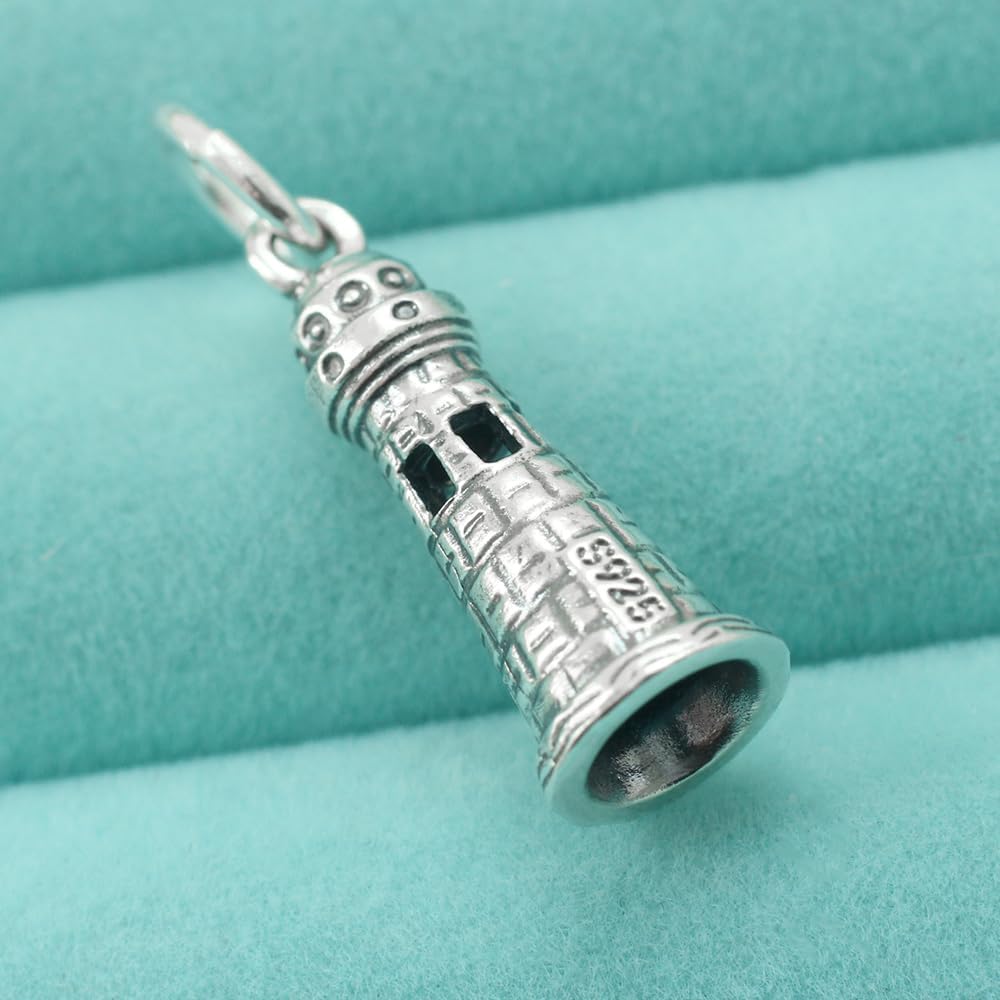 925 Sterling Silver Lighthouse Pendant Charm 3D Beacon Tower Dangle Pharos Fit Necklace European Bracelet Chain Unique