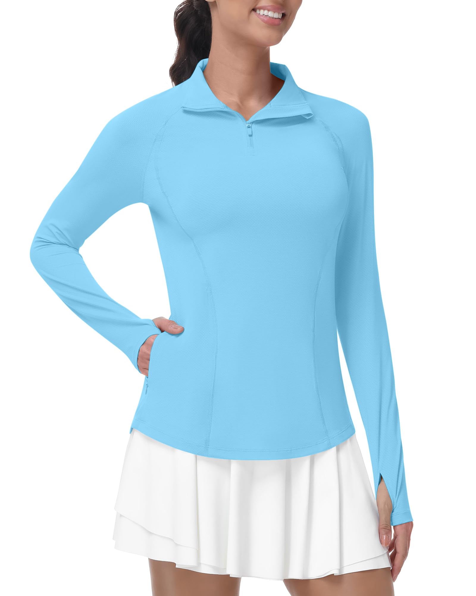 Runhit UV Shirt Damen Langarm UPF 50+ Sonnenschutz Sportshirt, Atmungsaktives Funktionsshirt mit 1/4 Reißverschluss Daumenloch & Taschen, Schnelltrocknendes Laufshirt für Gym Fitness Yoga & Outdoor
