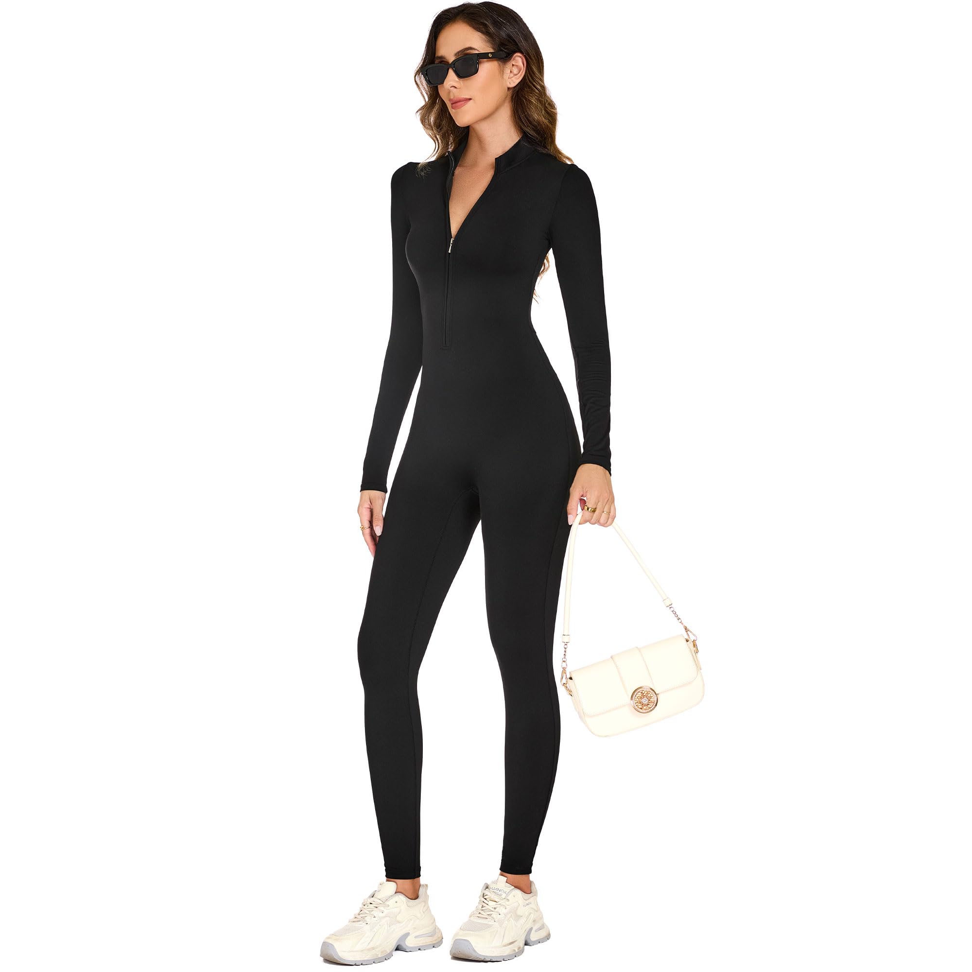 adorence Tuta Intera Donna Sportiva Aderente, Maniche Lunghe Jumpsuit Donna Sportiva con Cerniera, Lunga Tuta Intera Elastico per Yoga