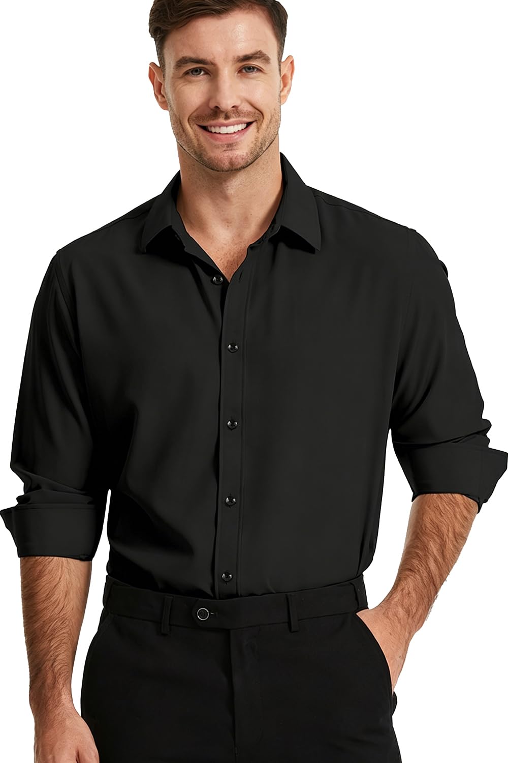 Men's Dress Shirts Solid Wrinkle-Free Long Sleeve Button Down Shirt Regular Fit Formal Shirts A-black Small