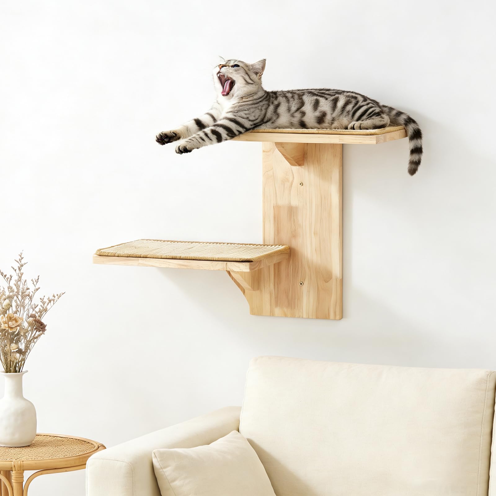 Pared de escalada para gatos con 2 plataformas, 42 cm, para gatos montados en la pared, con alfombrilla de sisal, estante de pared para escalada, jugar, arañar, color marrón