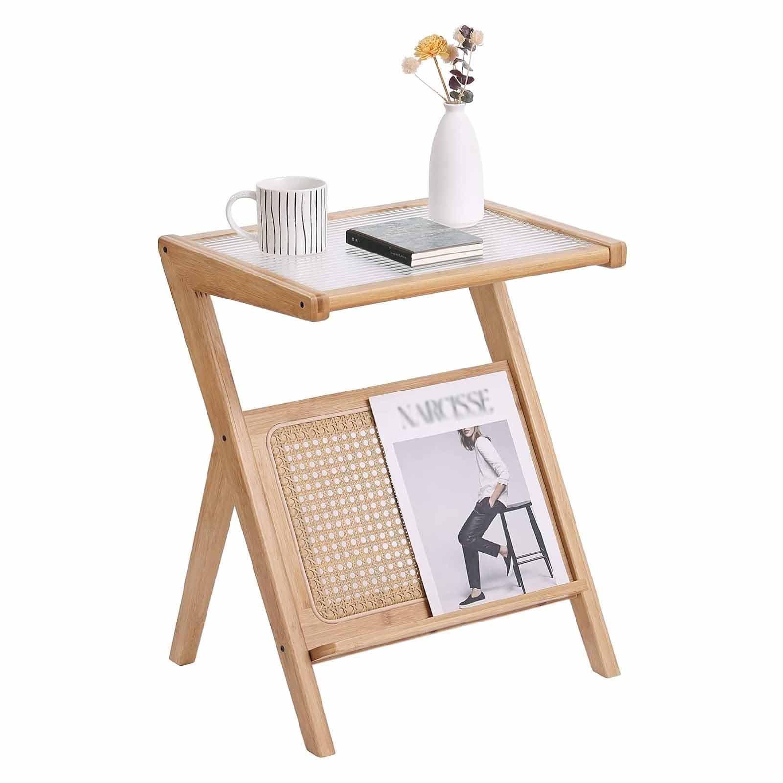 SXZenSpace Rattan Side Table, Bamboo Vintage End 14.6X20.5Inch Boho Nightstand Bedroom Coffee Table with Storage, Accent Bedside Tables for Outdoor/Indoor,wood
