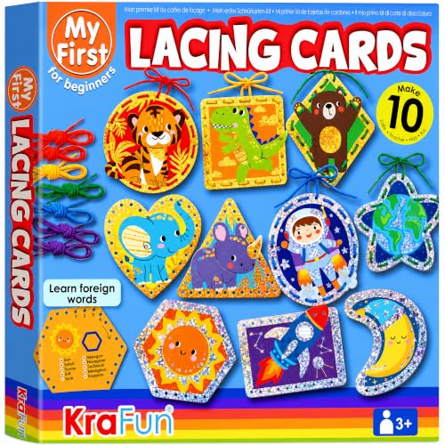 Image of KRAFUN Space & Dino Holographic Lacing Cards Age 3+ |10 Projects | Holographic lacing cards: T-Rex, Astronaut, Rocket, Tiger & Dinosaur. Builds fine motor skills. For boys & girls age 3+