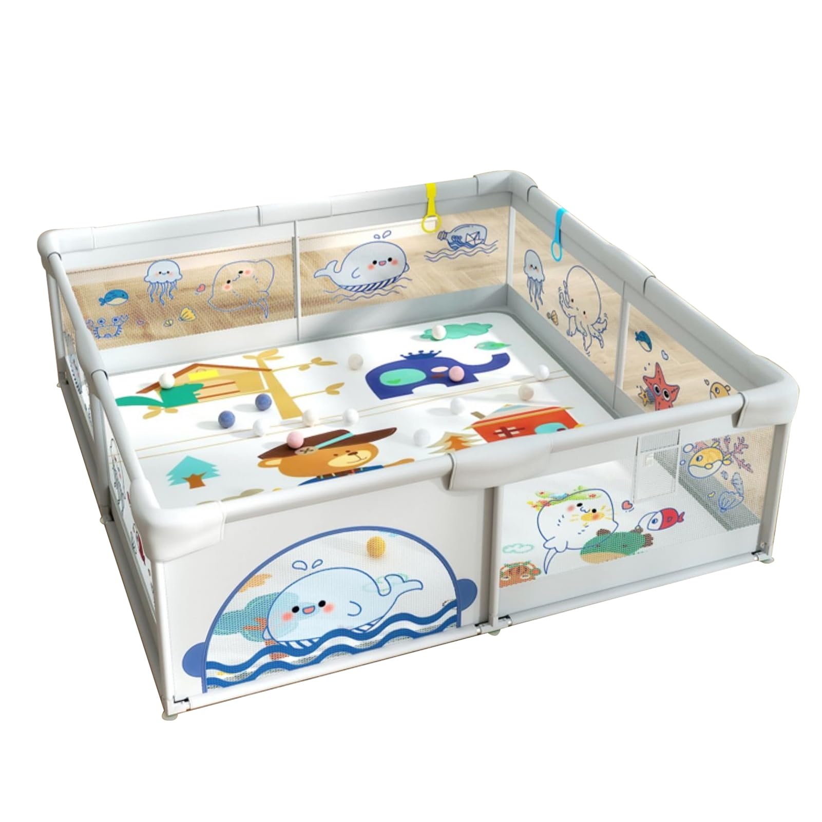 TDOO Baby Playpen for Toddler, Has 2 Handle Loops, Indoor & Ou r Kids Activity Center with Anti-Slip Base, Sturdy Safety Play Yard with Soft Breathabl (A)