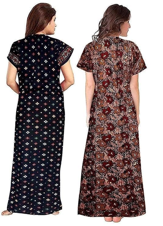 Image of NILOUFO Women's Cotton Maxi Nighty Pack of 2 | Soft Printed Ankle-Length Night Dresses | Free Size Comfortable Sleepwear Gown for Ladies