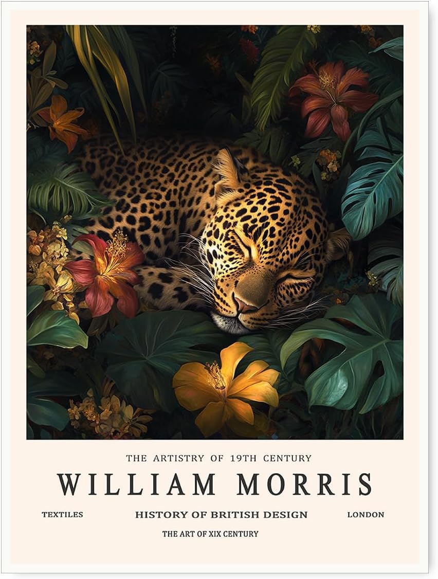 ZZYGGN GMGSW William Morris Style Leopard Canvas Prints Abstract Wall Art William Morris Animal Poster Retro Painting for Home Wall Decor 50x75cm Frameless