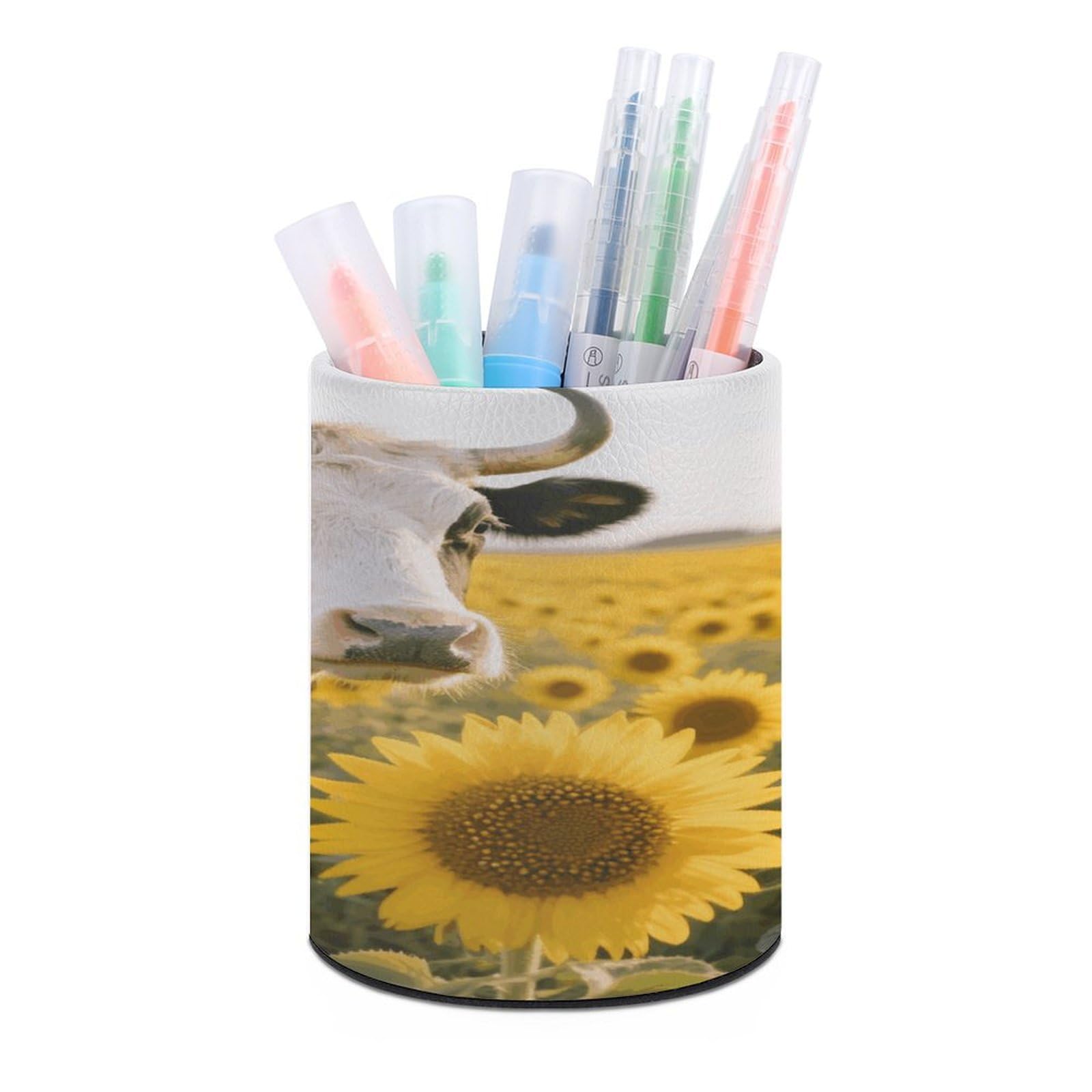VstaDank Cow Sunflower Pen Holder Round Pencil Holder Cup Pen Container PU Leather Desk Organizer Stand Decorative Brush Scissor Holder Decoration Office Desk Home (3.1 x 3.9 inch)