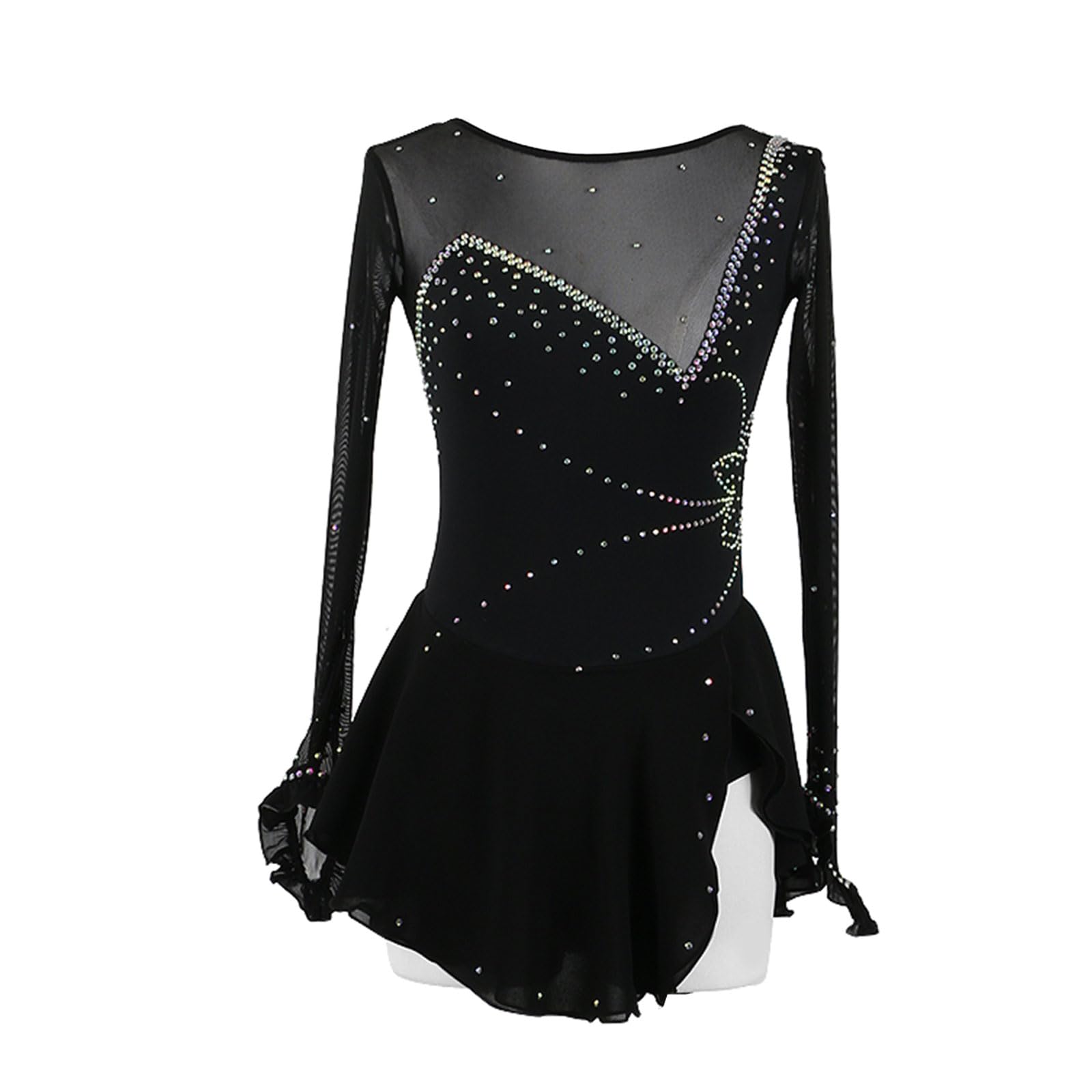 Vestido de patinaje sobre hielo para mujer, para adultos, competición, rendimiento, cuello redondo, brillante, leotardo de diamantes de imitación, baile, gimnasia, danza