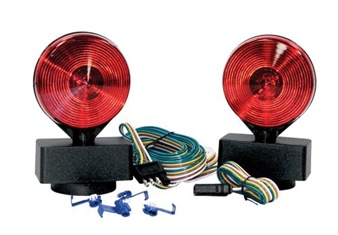 Haul Master 12 Volt Magnetic Tow Light Kit components including two red lights, wiring harness, and small blue connectors.