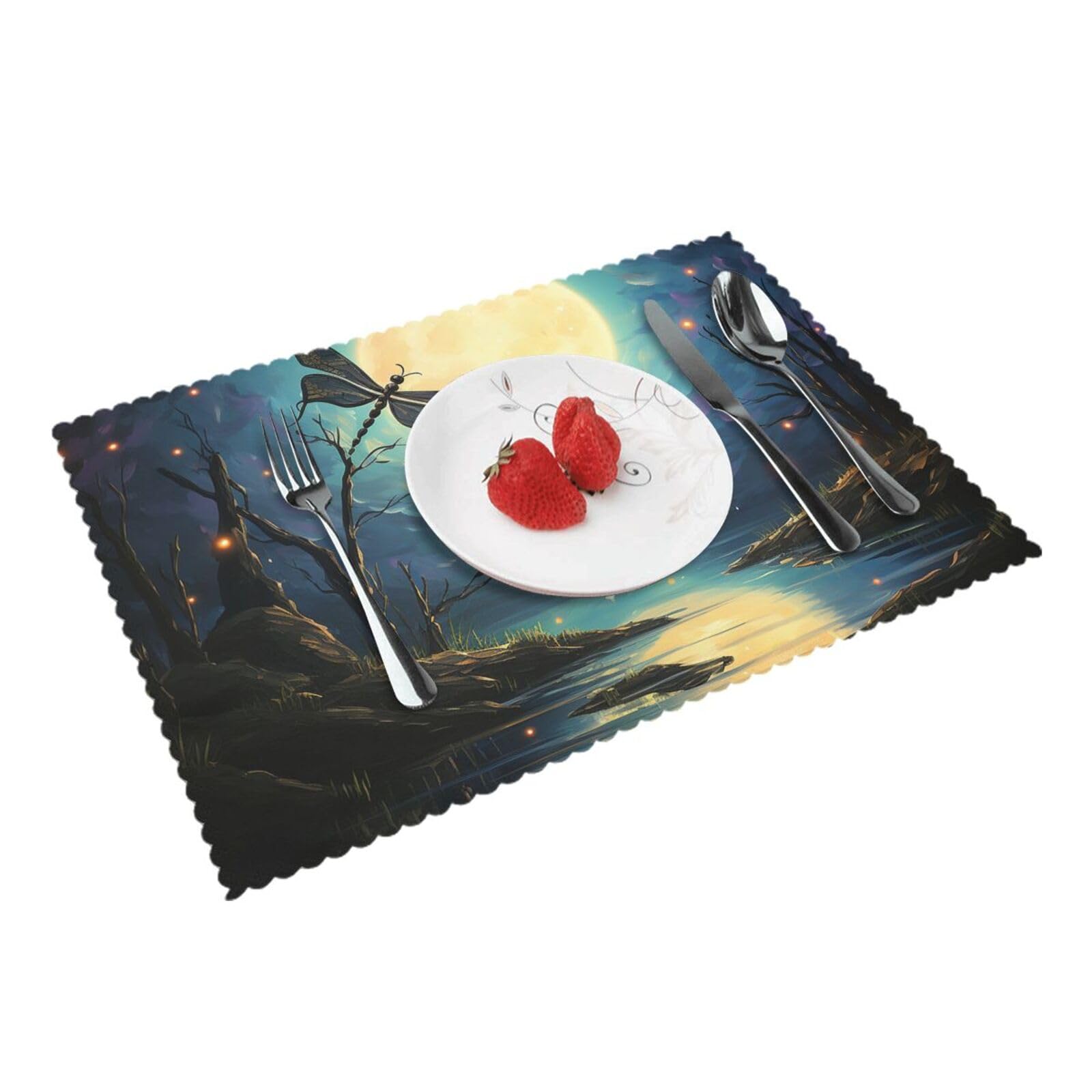 Placemats Set of 4 Heat Resistant Woven Place Mats for Dining Table Dragonfly Moon Placemats Washable Wipeable PVC Table Mats Indoor/Outdoor Place Mats for Party Kitchen Decor 30x45 cm