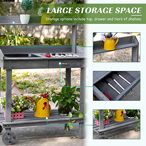 Outsunny-36-Wooden-Potting-Bench-Work-Table-with-2-Removable-Wheels-Sink-Drawer-Large-Storage-Spaces-Gray Outsunny 36 Wooden Potting Bench Work Table with 2 Removable Wheels Sink Drawer Large Storage Spaces Gray