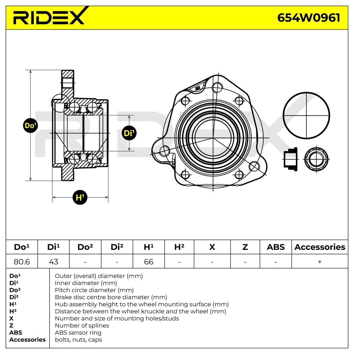 RIDEX 654W0961 Kit cuscinetto ruota Posteriore Destra Cuscinetto ruota integrato nel mozzo Compatibilità con HONDA CR-V II RD