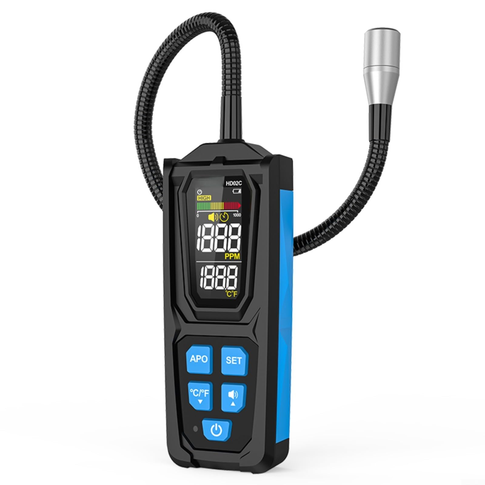 HD02C Kältemittel-Lecksuchgerät für R22/R32/R134a, digitales Multifunktions-Detektionswerkzeug mit 0,5g/Jahr Empfindlichkeit, flexiblem 270mm Schlauch und dreifachem Alarm für HVAC-Wartung
