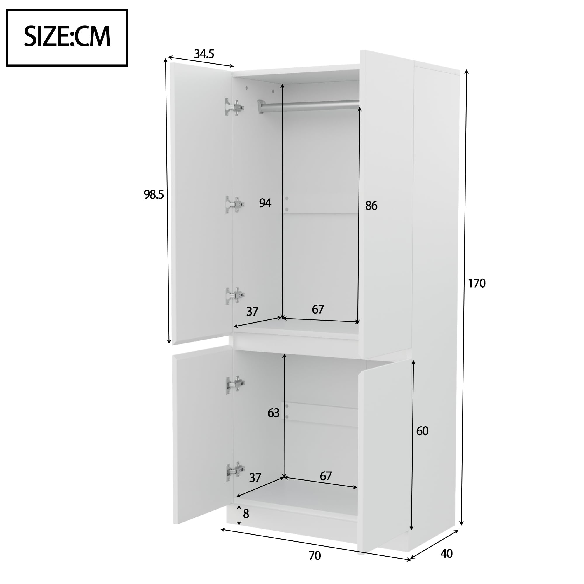 Szafa na ubrania z podwójnymi drzwiami, 70 x 40 x 170 cm, biała, drewno i metal, duże schowki