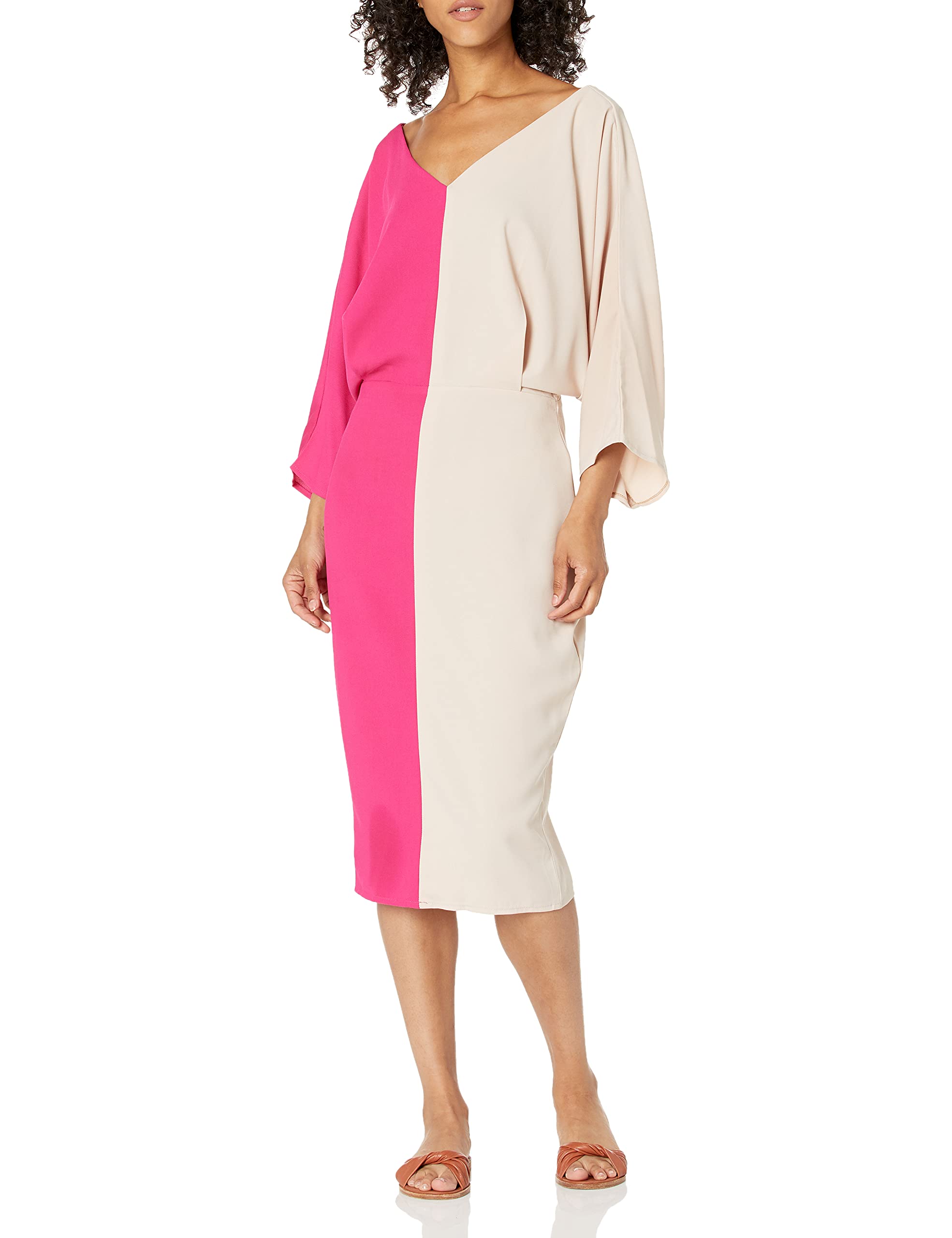 Maisalo Women's Somi Two Tone Color Block Midi with Bat Sleeves Business Casual Dress