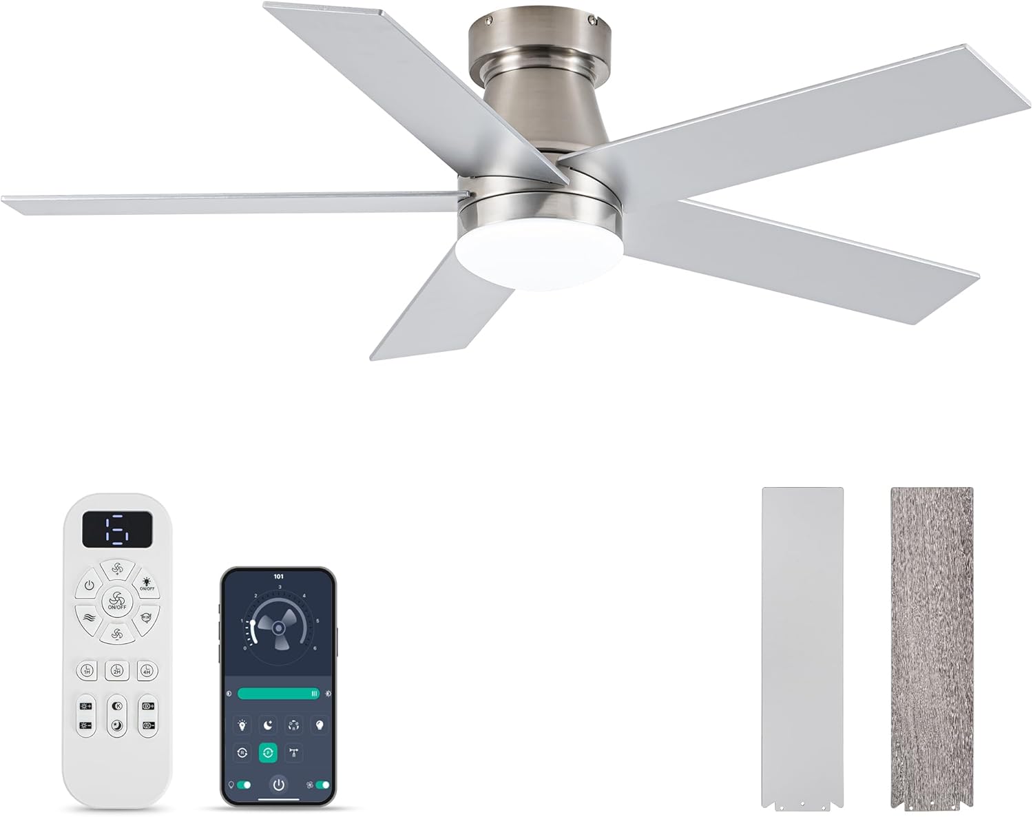 Ceiling Fans with Lights and Remote Control, Brushed Nickel Flush Mount Ceiling Fan with Light 3-Color Dimmable, Memory for Lighting and Fan Reversible, 6-Speed, Timer, Indoor/Outdoor Use, 47 Inch Nickel 2401 47 inch