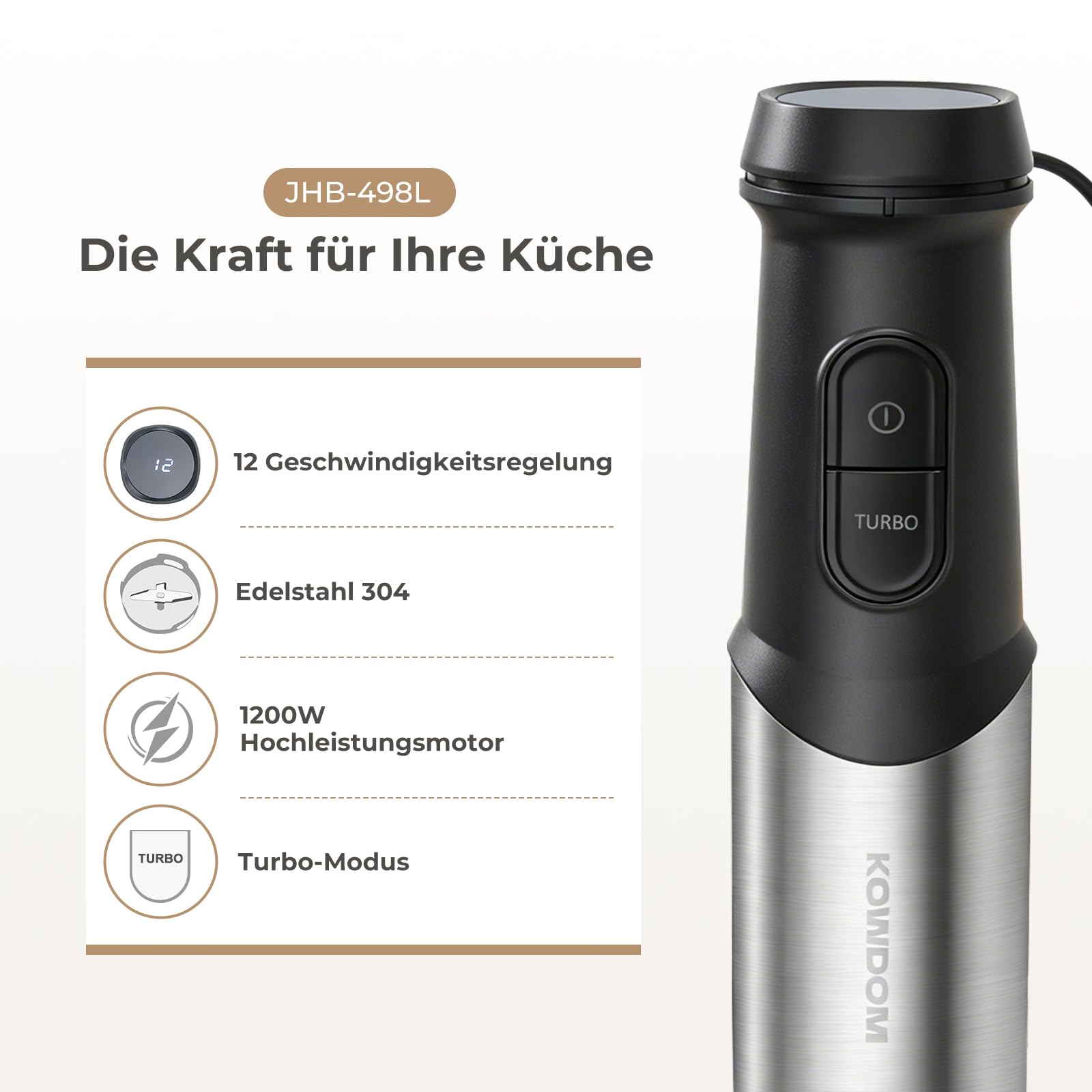 Stabmixer Set 1200W mit 12 Geschwindigkeiten & Turbofunktion – Edelstahl Pürierstab für Suppen, Soße, Smoothies – inkl. 800 ml Messbecher, 600 ml Zerkleinerer & Milchaufschäumer – spülmaschinenfest