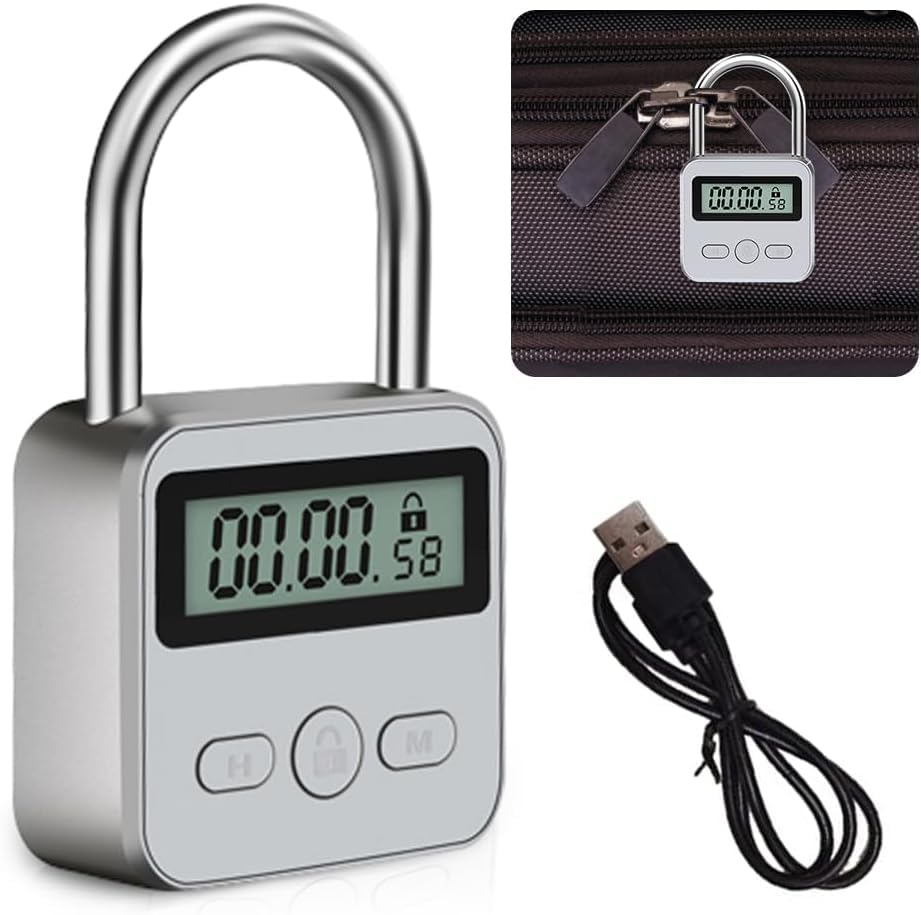 Aoreun Digitale Zeitschloss Smart Time Lock mit LCD-Display Wiederaufladbares USB Sicherheits Vorhängeschloss Intelligentes Zeitschloss Metall Timer für Verhindere Schlechte Gewohnheiten (Sliber)