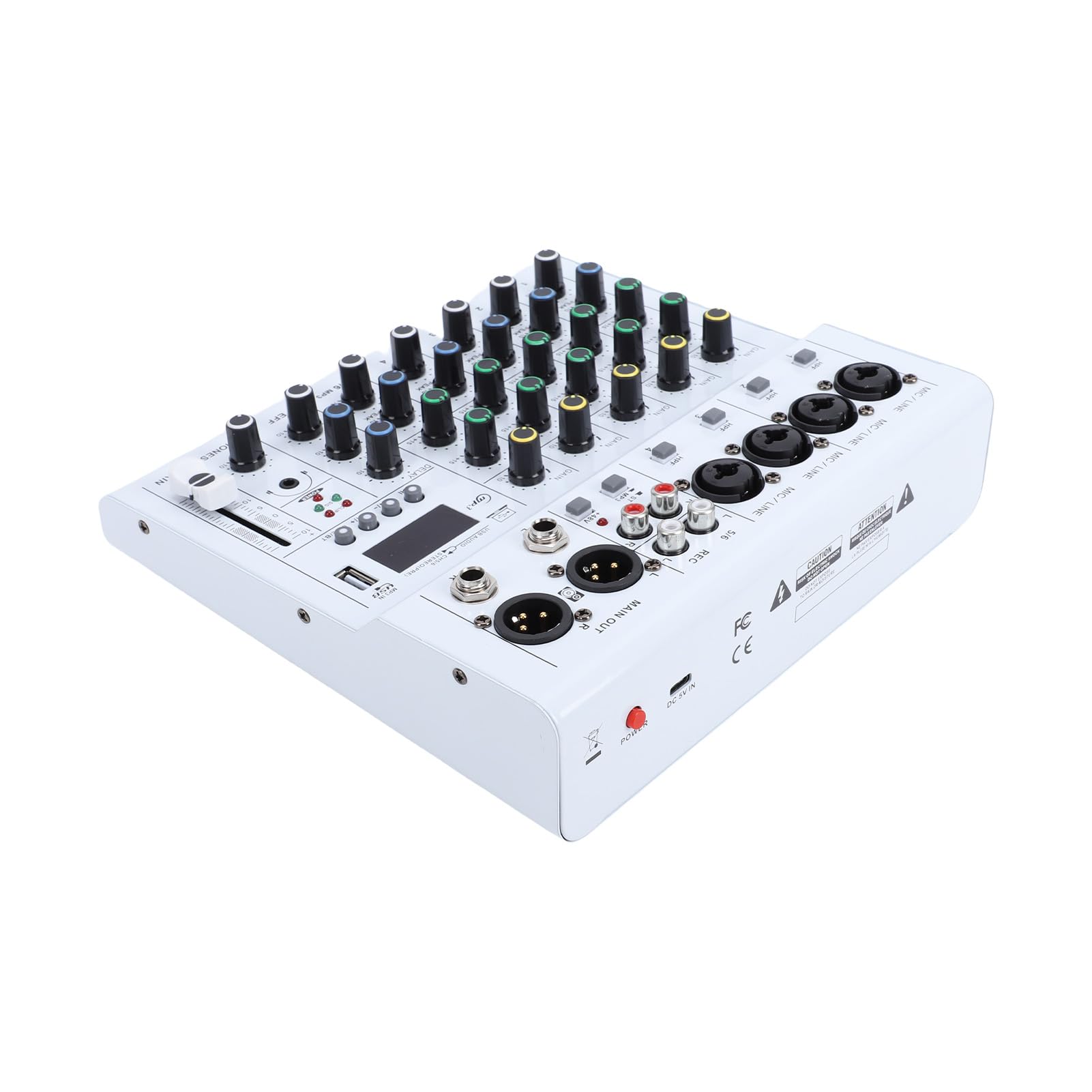 Walmeck 6-Kanal-Mini-Soundmixer, DJ-Controller, Professionelle Aufnahme-Soundkarte mit BT-MP3-Player, 48 V Phantomspeisung, Integrierter Gitarrenverstärker, Tragbare Mischkonsole für (Weiß)