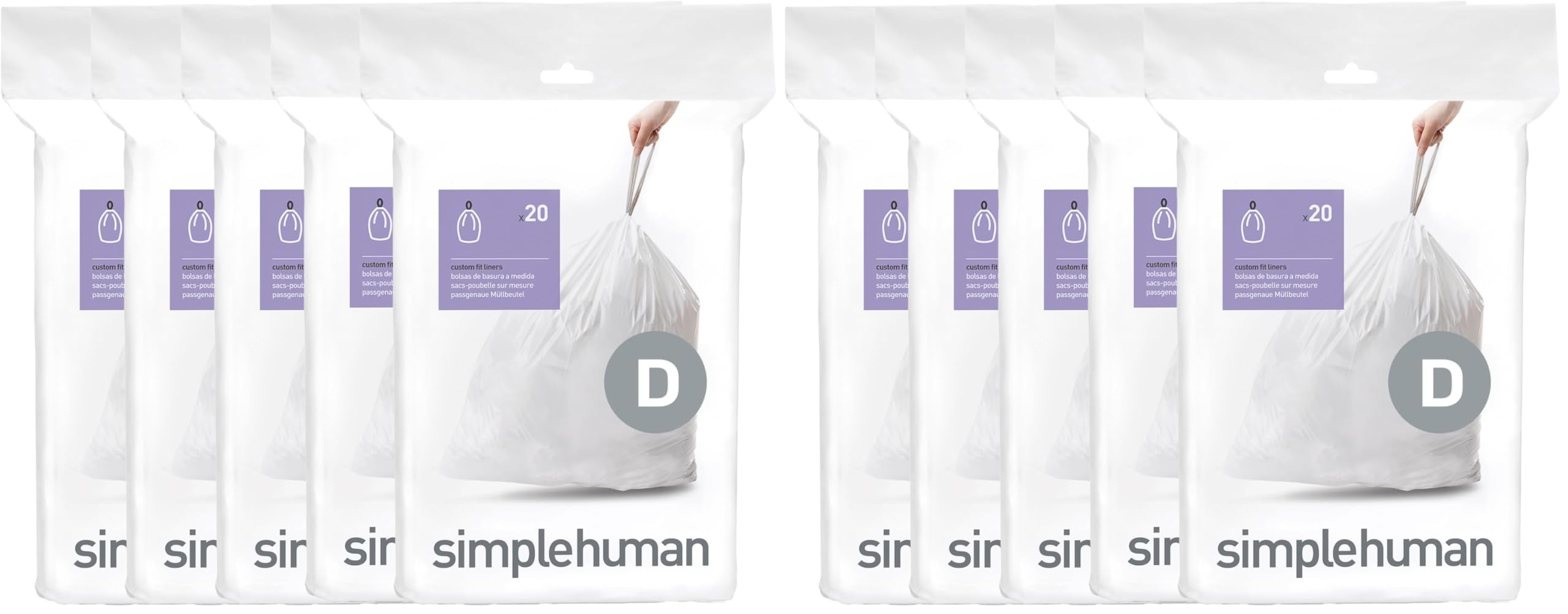 simplehuman Code D,Dispenser Pack Custom Fit Liners,Drawstring Trash Bags,20 Liter / 5.3 Gallon,White,100 Count (Pack of 2)