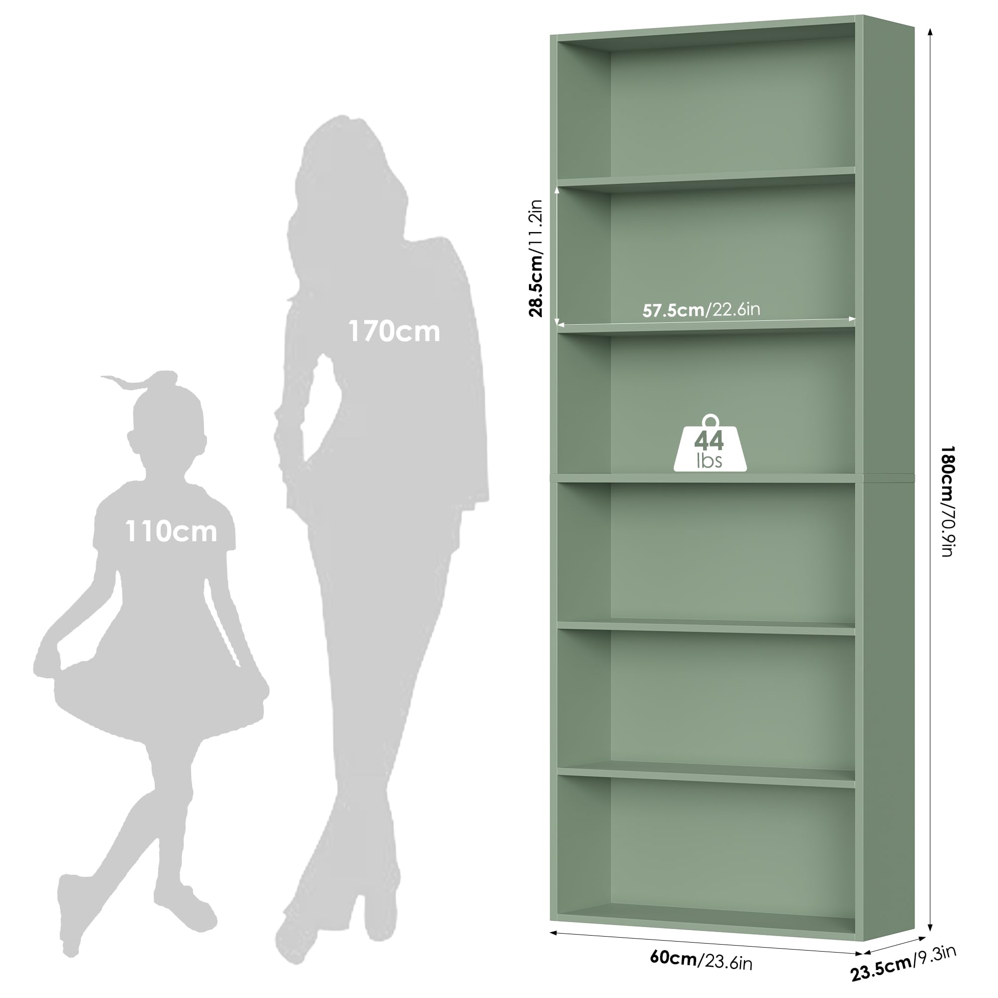 FirFurd Librería de 6 Niveles, Estantería para Libros, Libreria Estanteria, Muebles Almacenaje Madera para Salón Oficina, Dormitorio, Estudio, Verde 60x23.5x180cm