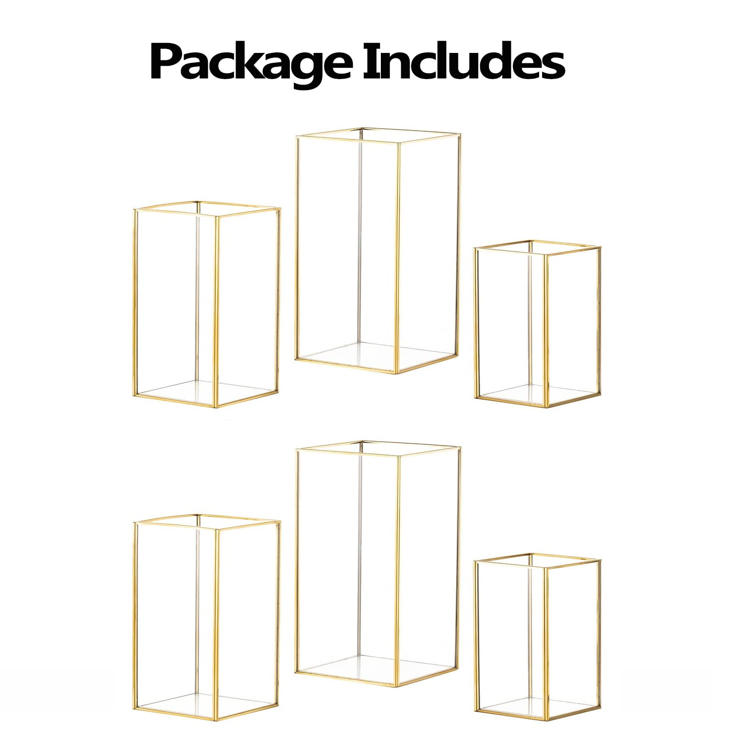 Hewory Glass Hurricane Candle Holder Set of 6, Gold Large Hurricane Centerpiece for Table, Tall Floor Square Pillar Candle Holders Lantern Set for Wedding, Anniversary, Party, Fireplace, Dining Room