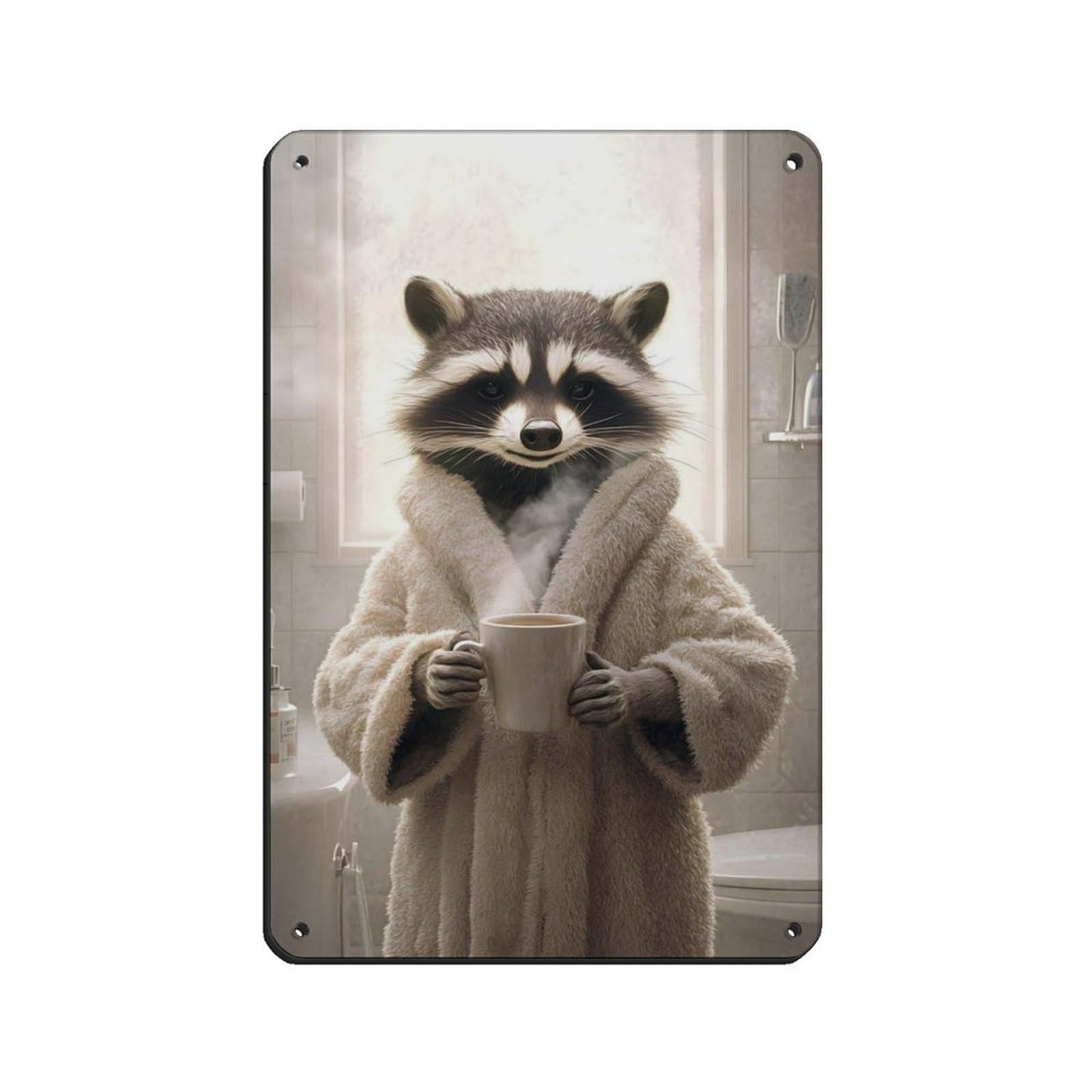 Lxwnze 20L X 30W Cm Cute Raccoon Art In Cozy Bathrobe With Coffee Retro Poster Metal Tin Sign Chic Art Retro Iron Painting Bar People Cave Cafe Family Garage Poster Wall Decoration 8X12inch(20X30cm)