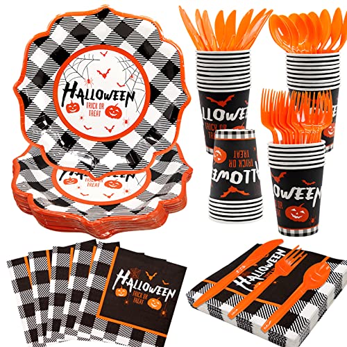 Dylives 144 Pcs Halloween Party Supplies Kit Halloween Party Decorations, Halloween Buffalo Plaid Pumpkin And Bats Party Favors Disposable Tableware Halloween Plates Napkins Cups Cutlery, Serve 24 #TOP3