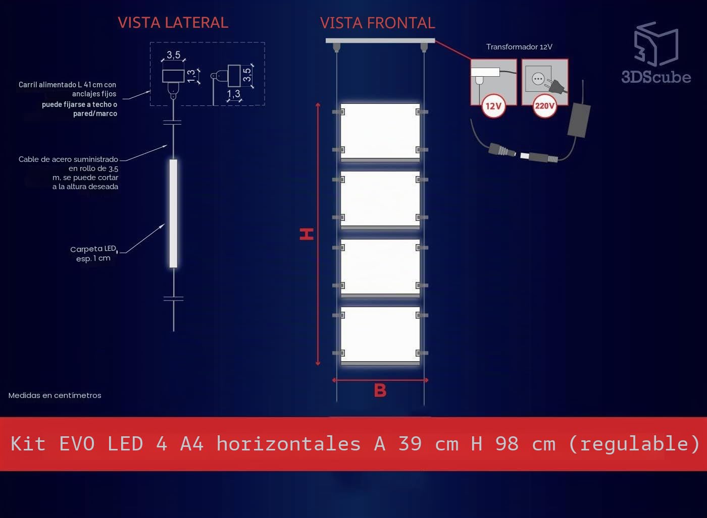 Expositor con cables luminosos de una cara para escaparate, Evo LED Kit 1 x 4 con carpetas luminosas de metacrilato formato A4 horizontal, porta anuncios para agencias inmobiliarias, estudios