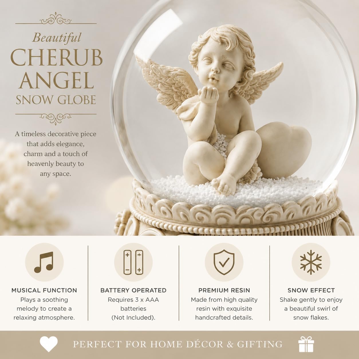 Angelic Musical - Palla di neve da 100 mm, funzionamento a batteria con intricata statuetta di angelo, richiede 3 batterie AAA (non incluse) (design A)
