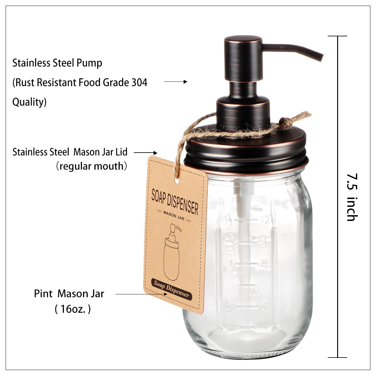 Dispensador de jabón líquido en tarro Mason, tapa de bomba de repuesto de acero inoxidable a prueba de óxido, bonita decoración de granja para cocina, baño, jabón de manos recargable, jabón 2