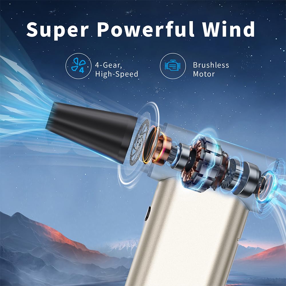Plumero de aire comprimido, 4 engranajes ajustables, 180000 rpm, ventilador turbo, soplador de polvo inalámbrico recargable con batería recargable, soplador de aire portátil para limpieza de hogares y
