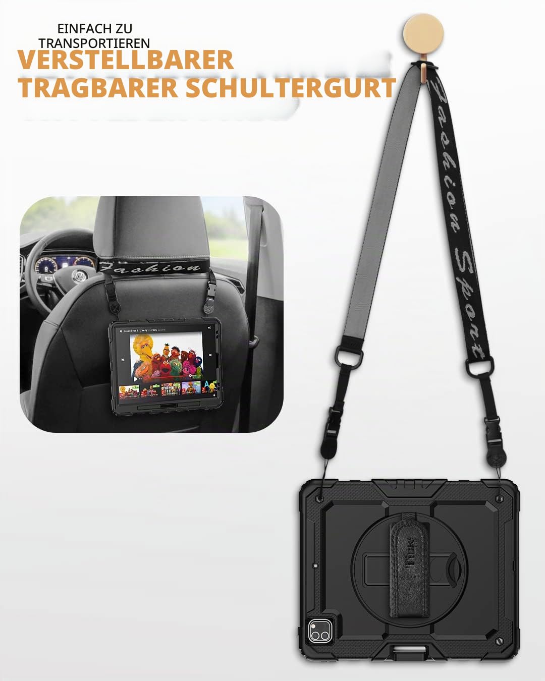 Timecity Hülle für iPad Pro 12.9 Zoll (6./5./4./3. Gen) (2022-2018) | mit Stoßfeste Displayschutz,360° Drehbarem Ständer,Handschlaufe,Schultergurt, Stifthalter,für iPad Pro 12.9 Hülle,Schwarz