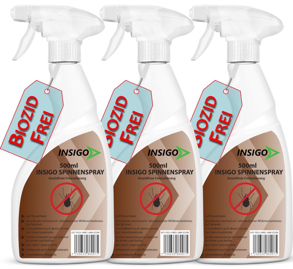 NEU Biozidfreie Spinnen Abwehr 3x500ml – Mittel zum Spinnen abwehren – Spinnen Spray – Fleckenfrei – Spinnenmittel INSIGO