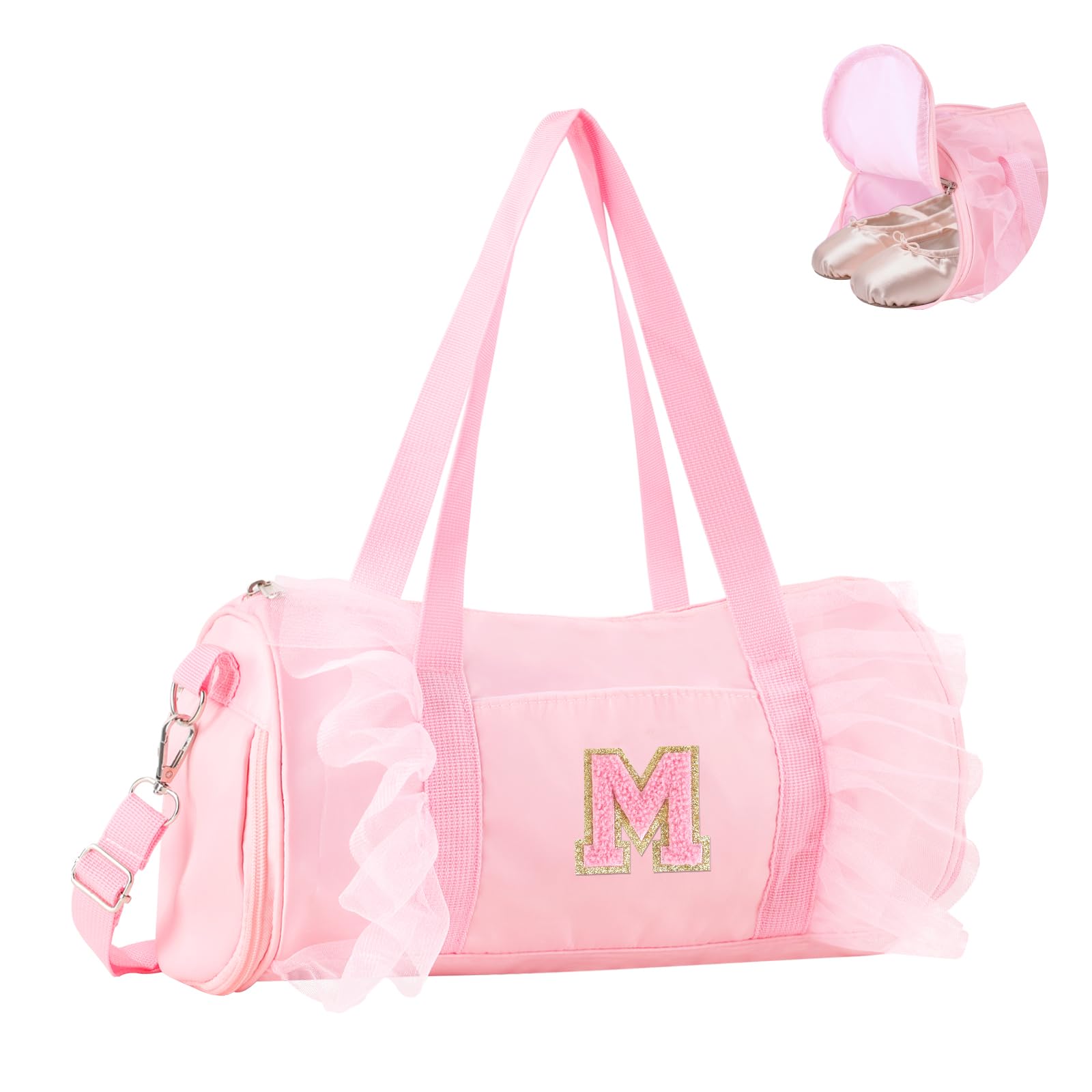 Personalized Initial Dance Bag for Girls 4-6, Small Lace Gym Sport Yoga Cheer Dance Bags Gift for Teen Girls, Cute Letter Kids Ballet Bag Toddler Travel Duffel Tote with Adjustable Straps(Pink-M)