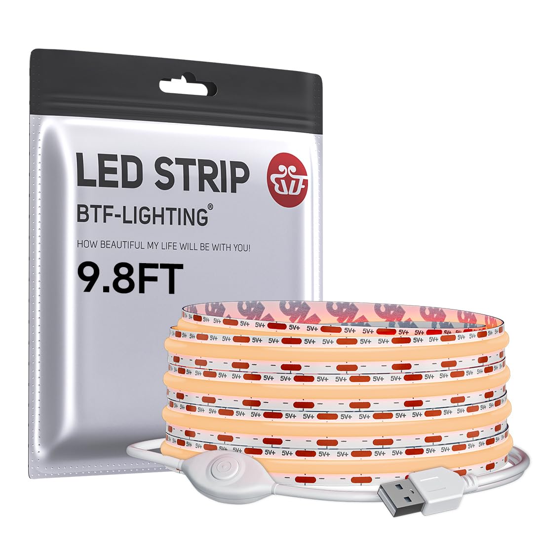 BTF-LIGHTING FCOB COB LED Strip Lights 5V USB Powered Warm White 2700K