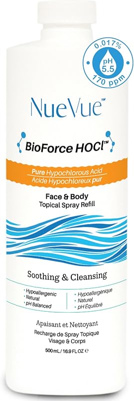 NueVue BioForce HOCl Spray de Ácido Hipocloroso para Rosto e Corpo, Refil 500 mL, Frasco sem Pulverizador