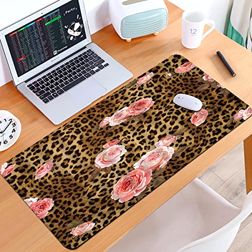 SHIVNAMI Alfombrilla Raton Grande Gaming Mouse Pad,Flor de Leopardo Rosa Linda Mezcla Rosa Animal Salvaje Leopardo Arte Moderno CR,Lavable, Antideslizante Diseñada para Gamers, Trabajo de Oficina