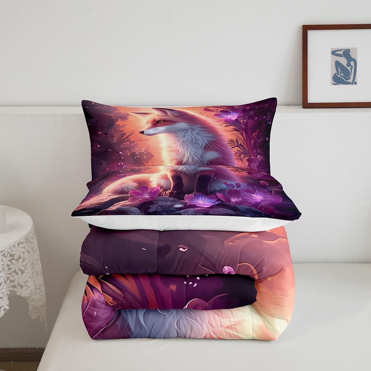 Castle Fairy Lovely Fox Comforter Set Twin Size for Kids Glitter Purple Floral Bedding Sets All Season Cute Wild Animal Quilt Set Bedroom Decor Mysterious Jungle Style Down Comforter,2Pcs