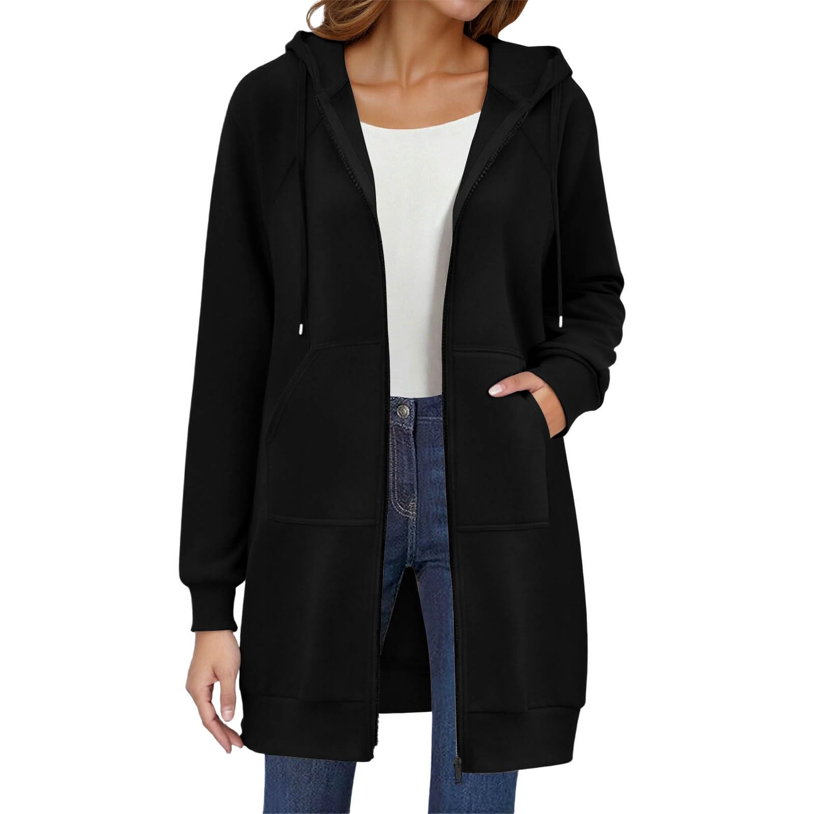 Générique Sweat Long à Capuche Zippé Femme Manteau Automne Hiver Chaud Sweatshirt Uni Rétro Veste Manches Longues Légère Décontractée Pull Comfortable avec Poches Hoodies
