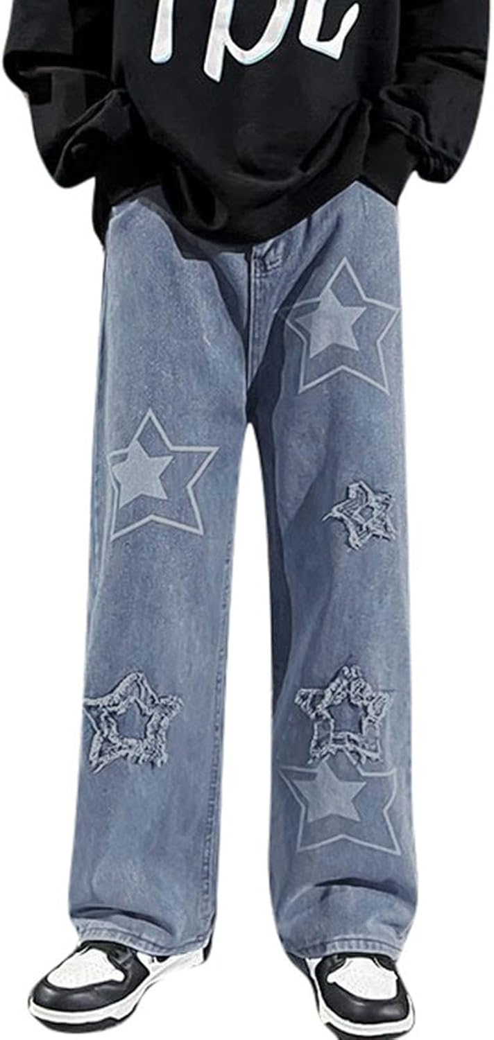 Jean Baggy Y2k Pour Homme Avec étoile Brodée à Cinq Branches - Jean Vintage - Jambe Droite - Pantalon En Denim - Pantalon Pour Adolescent - Streetwear
