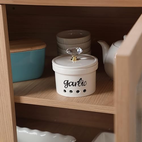 Miniatura 5 de HAOTOP Garlic Keeper con tapa de cristal, recipiente de cerámica de 12.5 onzas para encimera, decoración de cocina de granja (dorado)