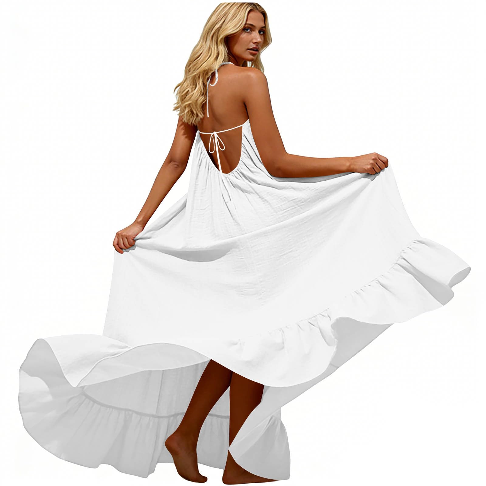 Beach Backless Cami Dresses for Women UK Linen Cotton Holiday Dresses Plus Size Spring Clothes Summer Co Ords Sets Bikini Cover Up Shirred Outfits White Linen Dress White M