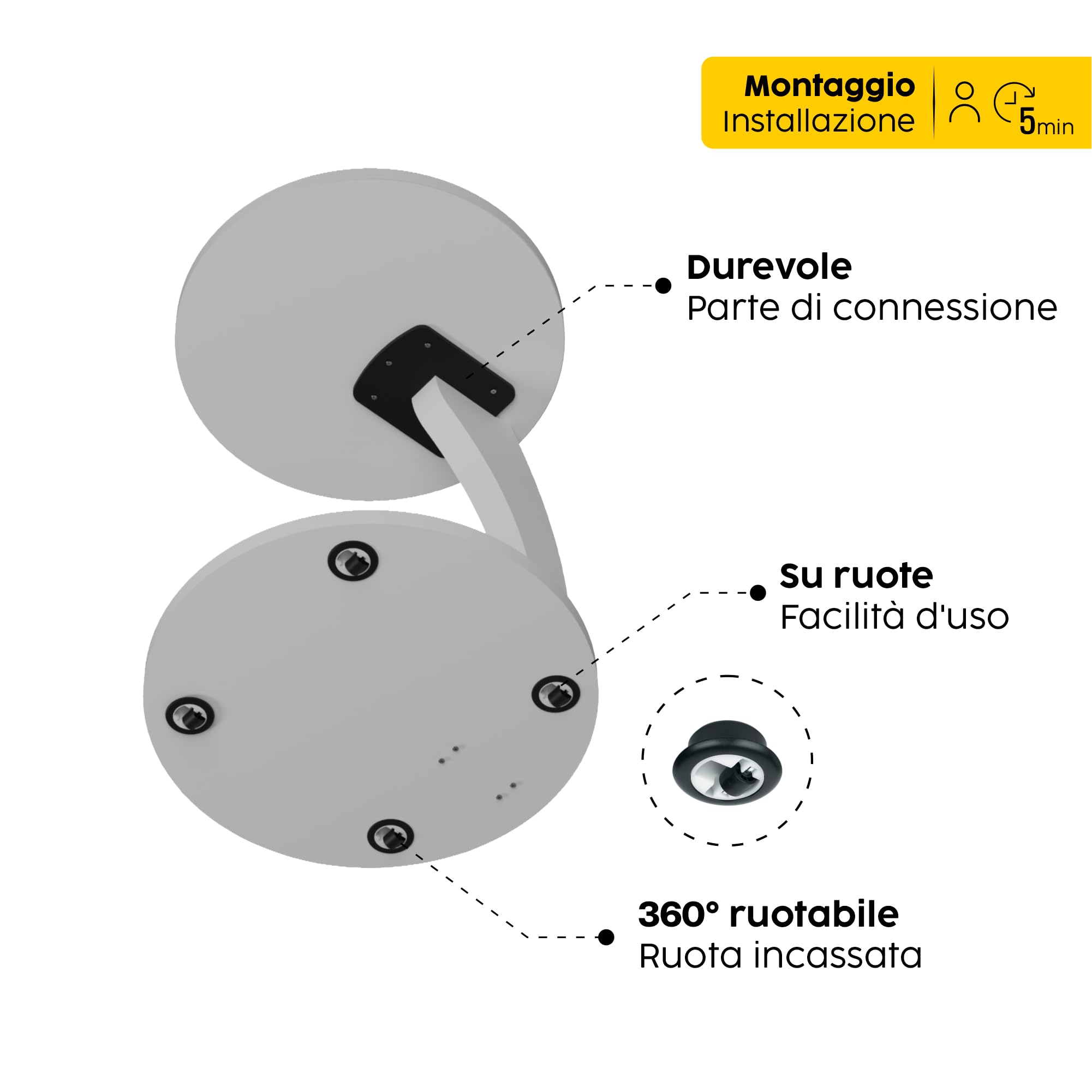Sugodesign Tavolino rotondo da salotto, con ruote, a forma di C, elegante, ideale come piano d’appoggio per divano e poltrona, bianco
