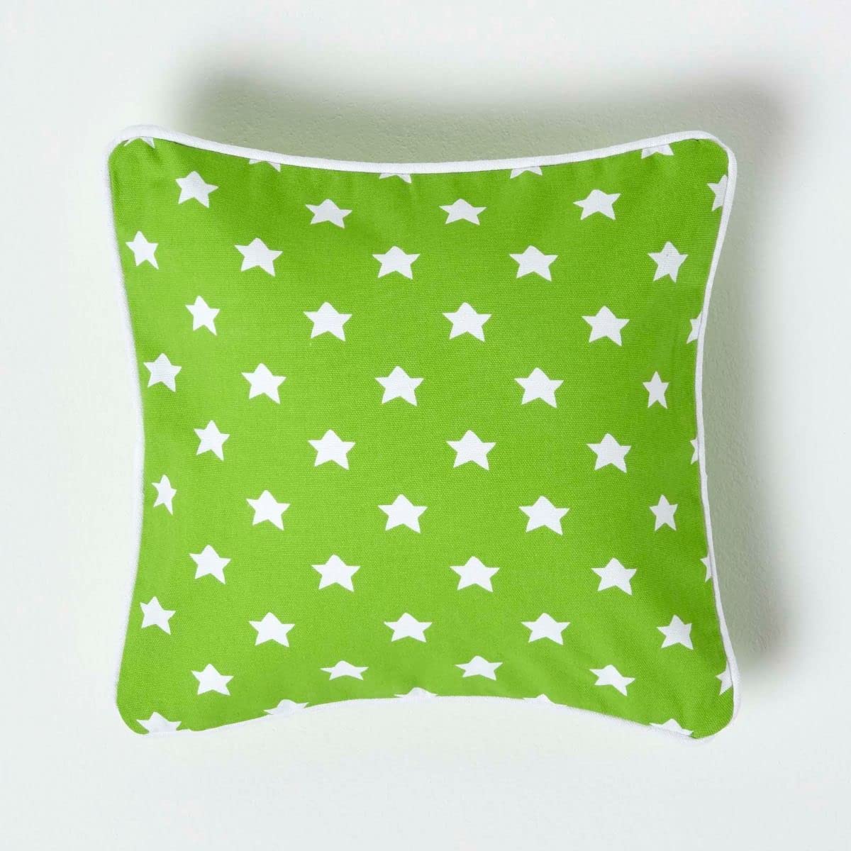 HOMESCAPES - 100% Cotton - Star - Cushion Cover - 30 x 30 cm Square - 12 x 12 Inches - Green White - 100% Cotton Sofa Pillow Cushion Cover - Washable