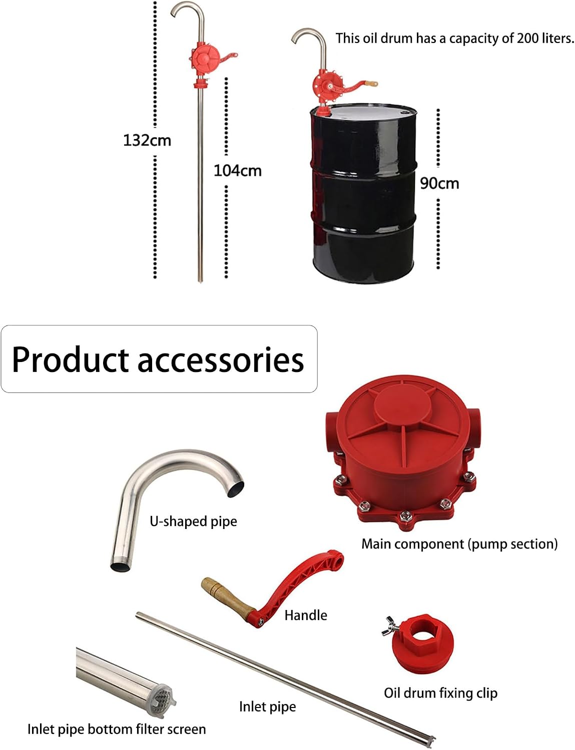 Heavy Duty Stainless Steel Hand Pump - Portable Manual Fuel Transfer Pump for 5-55 Gallon Drums, Ideal for Oil, Diesel, Water, and Other Liquids,Hoses: 1 Meter