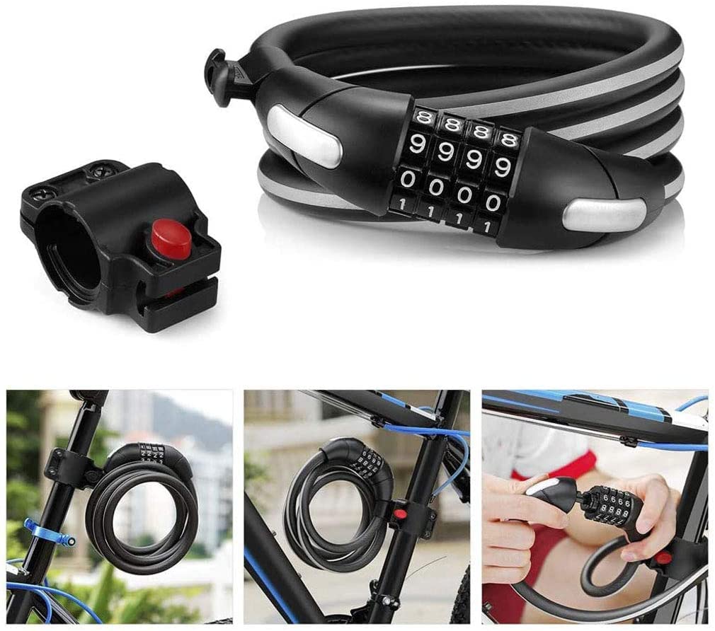Candados para Bicicleta de montaña, candados antirrobo con contraseña, candados de Cable Luminosos para Carretera, candados de Cadena Reflectantes con contraseña para Ciclismo (Negro, 180 cm)